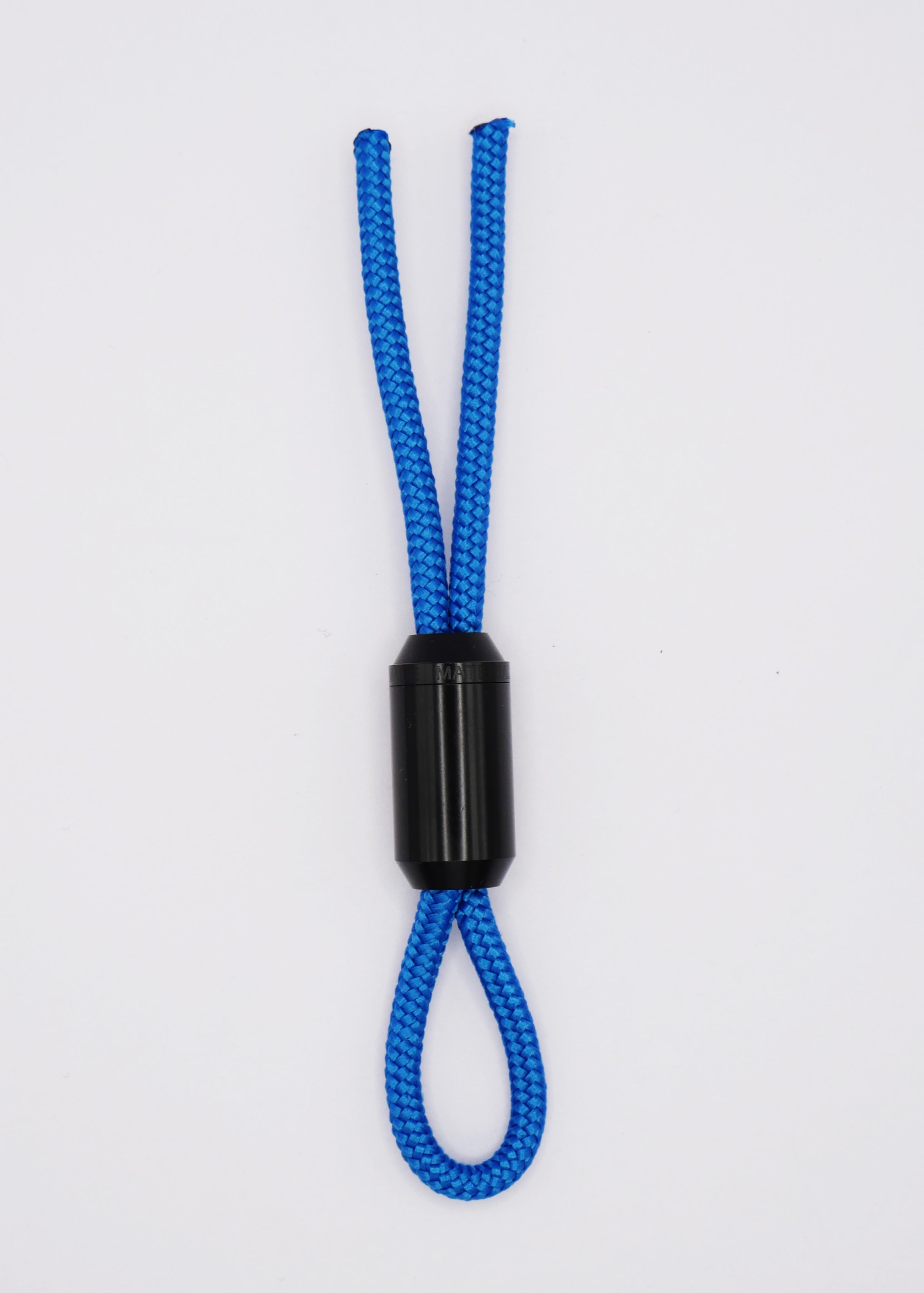 Keychain with black metal closure and blue nylon cord