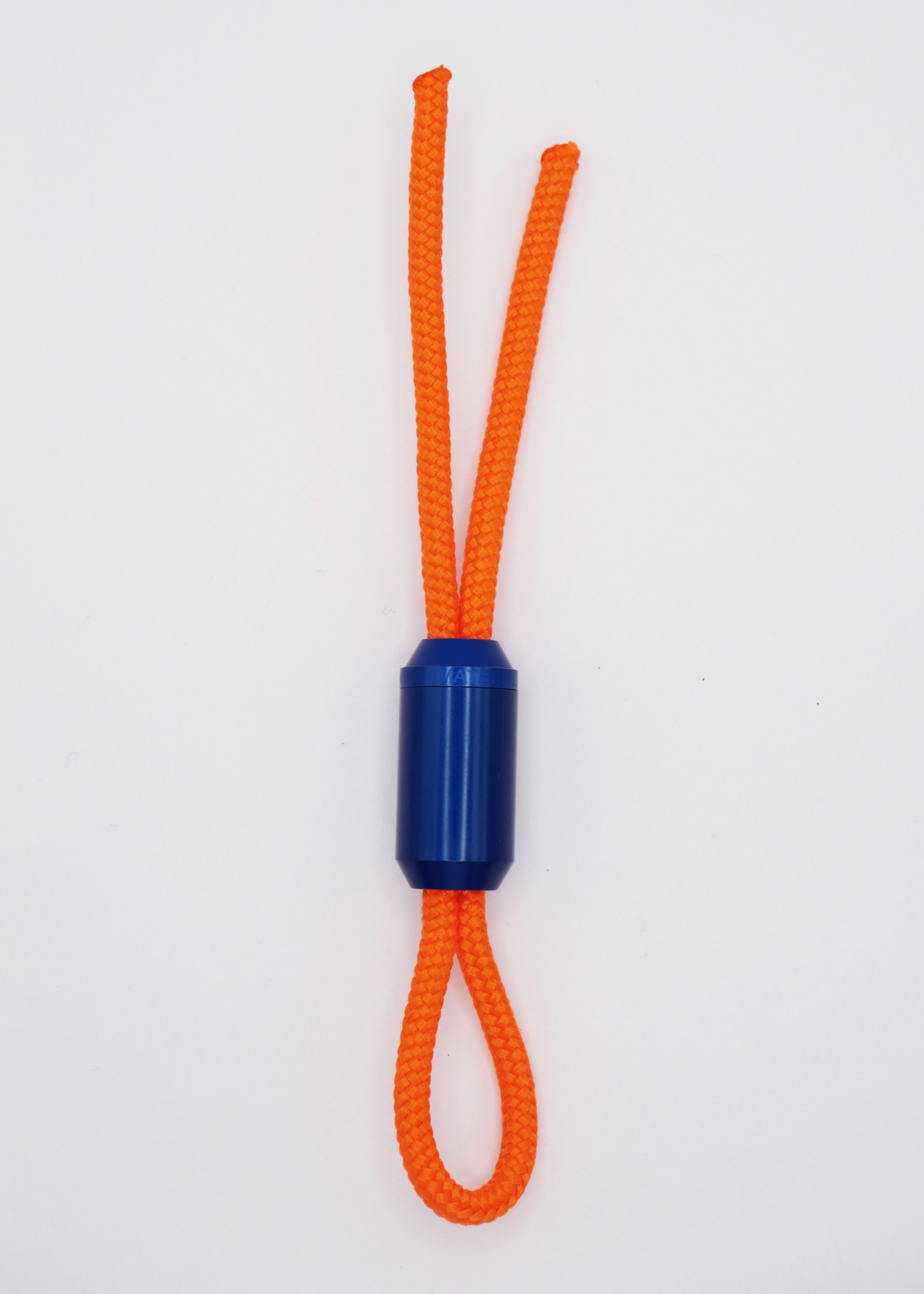 Keychain with blue metal closure and orange nylon cord